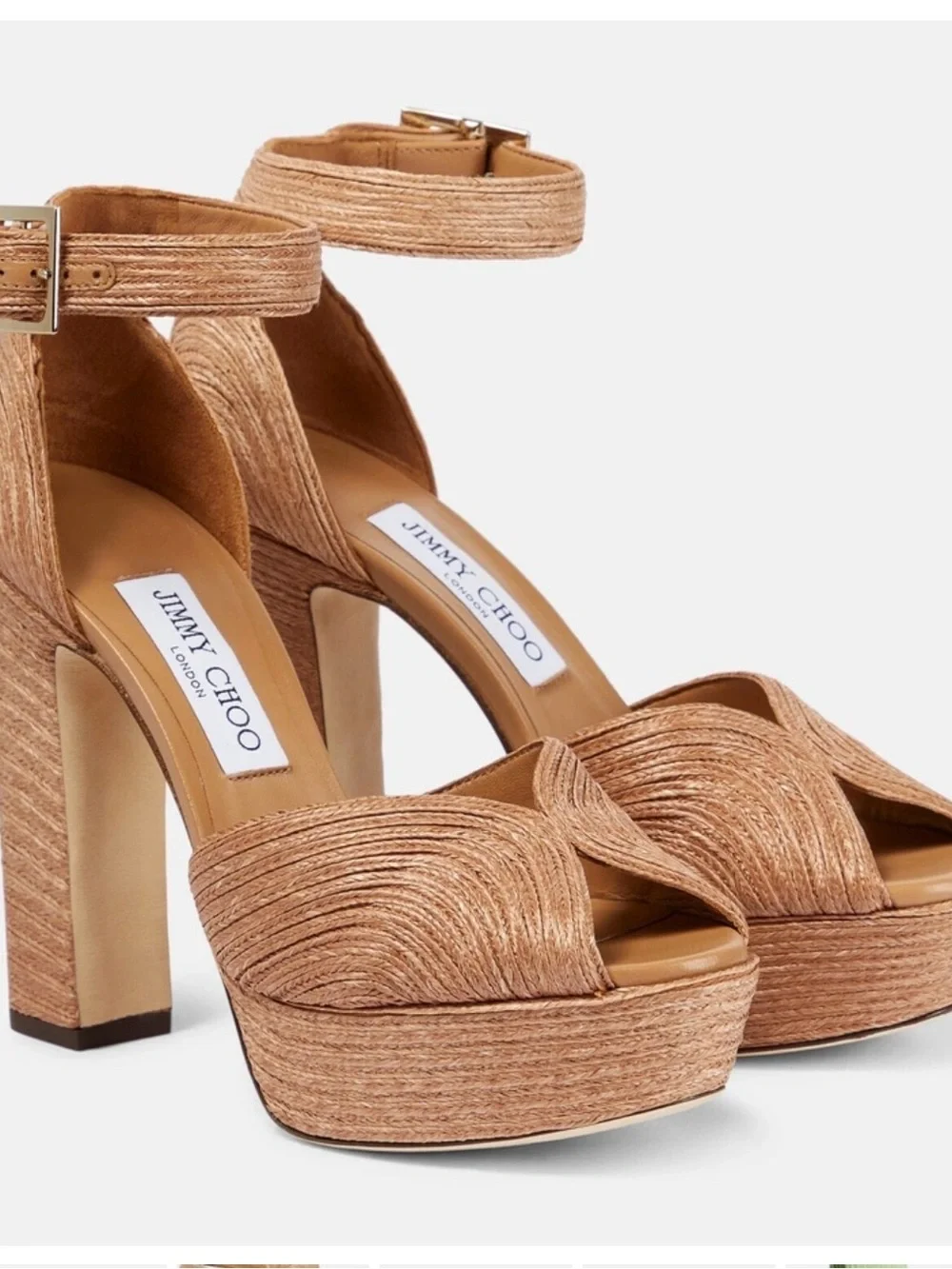 Jimmy Choo Tan Raffia Platform Heels with Ankle Strap